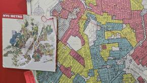 poster showing redlining in Brooklyn map, with a smaller map on top of it showing redlining in NYC