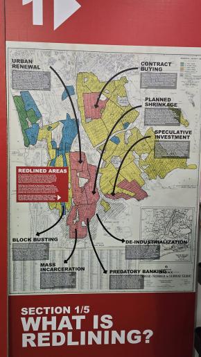 What is redlining? poster showing a map of New York City and highlighting many factors of redlining