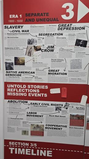 section 3/5 showing a timeline of redlining history in the top half while the bottom half shows untold stories, reflections, and events