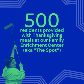 Graphic stat reading “500 residents provided with Thanksgiving meals at our Family Enrichment Center (aka “the Spot”)”
