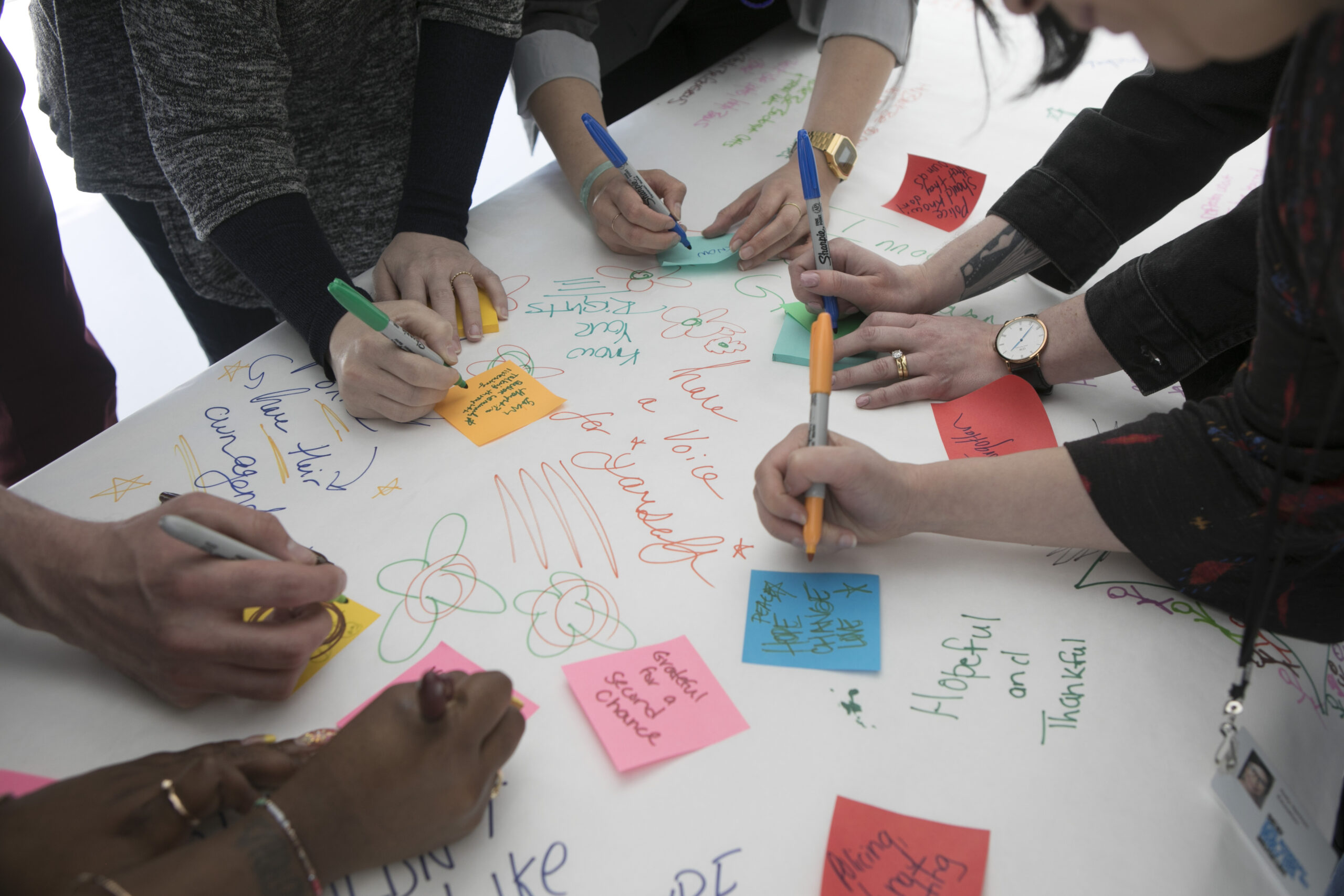 Project Reset workshop, people sharing their thoughts on post-its on a shared board 