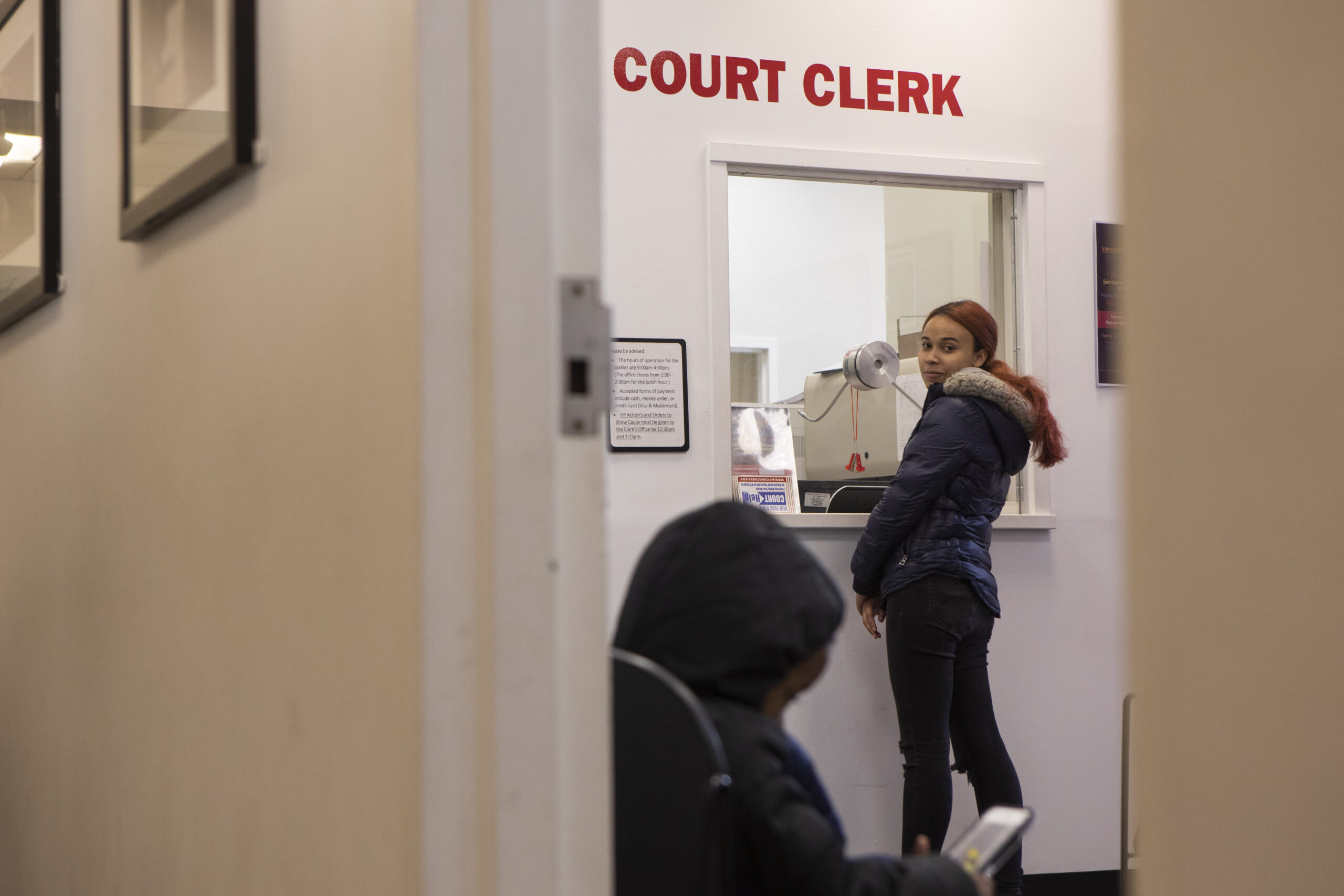 "Court Clerk" window at courthouse.