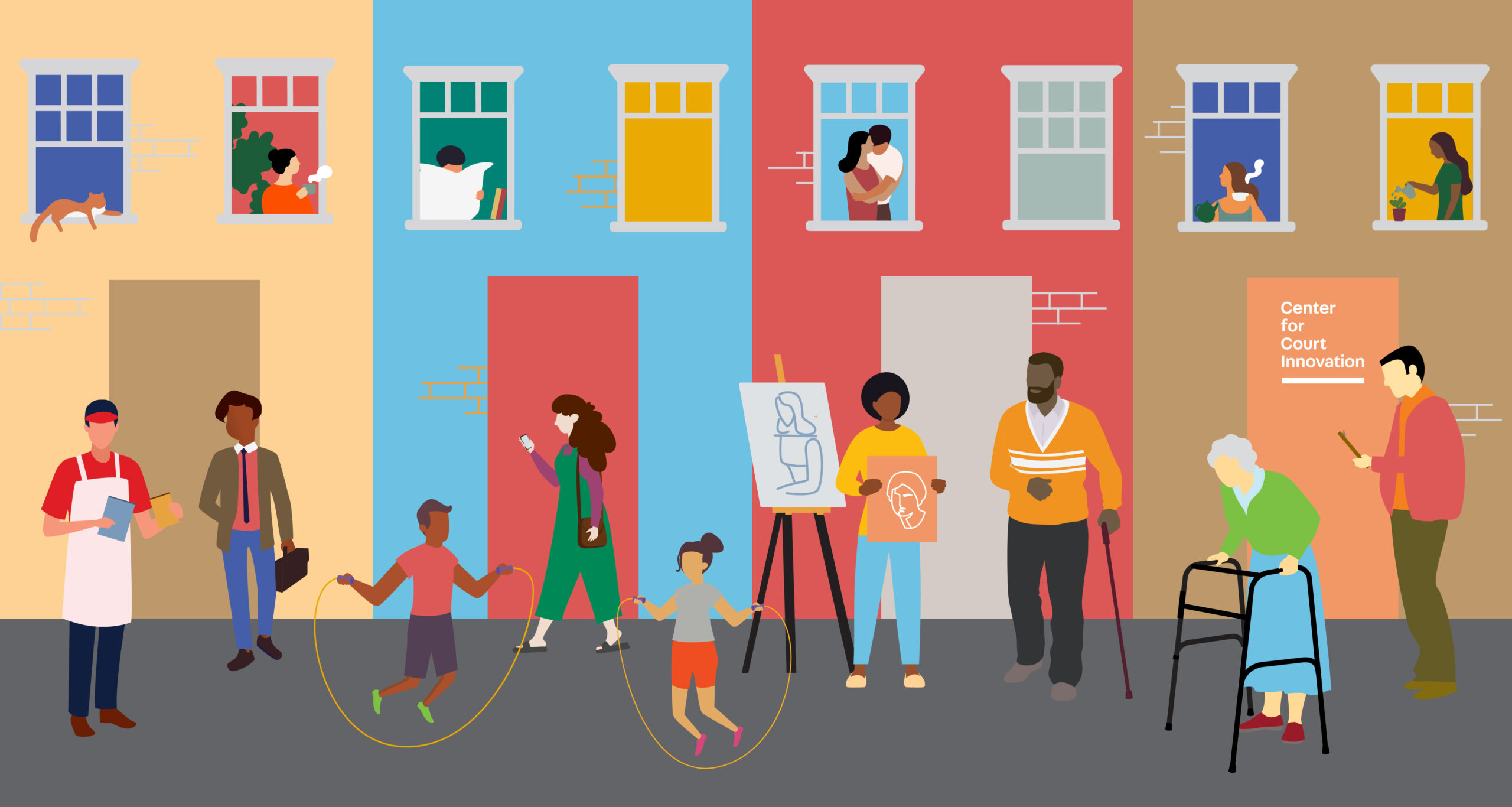 Colorful illustration of a busy city sidewalk, full of people.