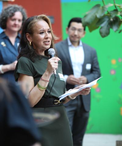 Rasmia Kirmani speaks at a May 2023 event for the Center for Justice Innovation