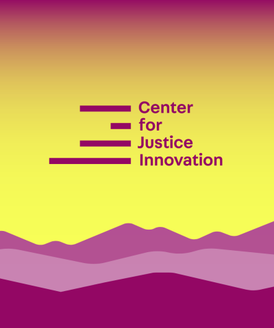 Sunset over mountains design with Center for Justice Innovation logo.
