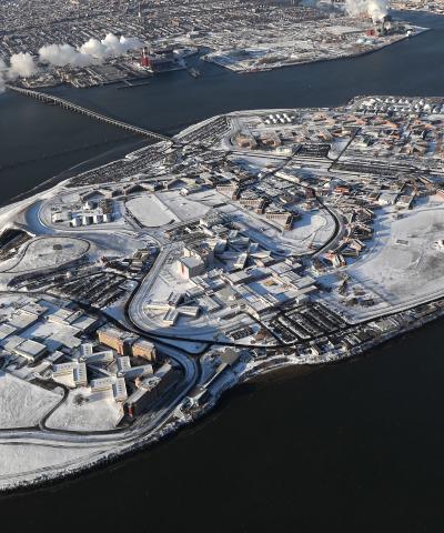 Aerial shot of Rikers Island in winter