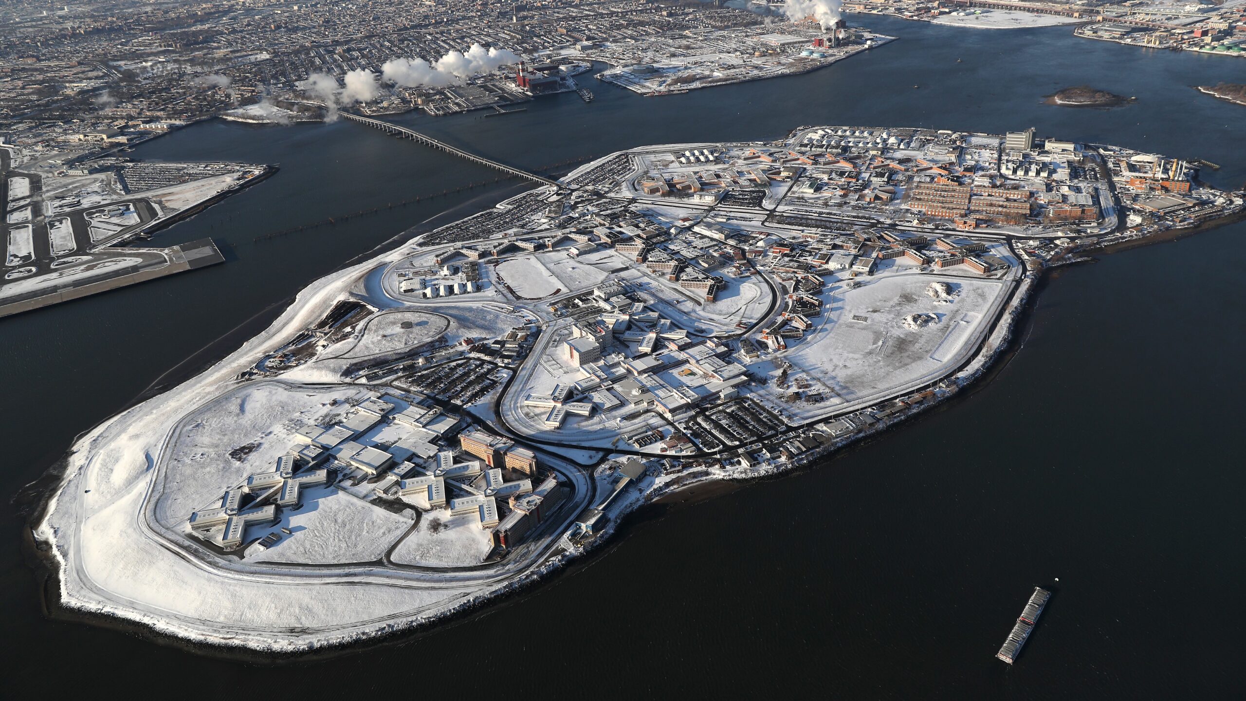 Aerial shot of Rikers Island in winter