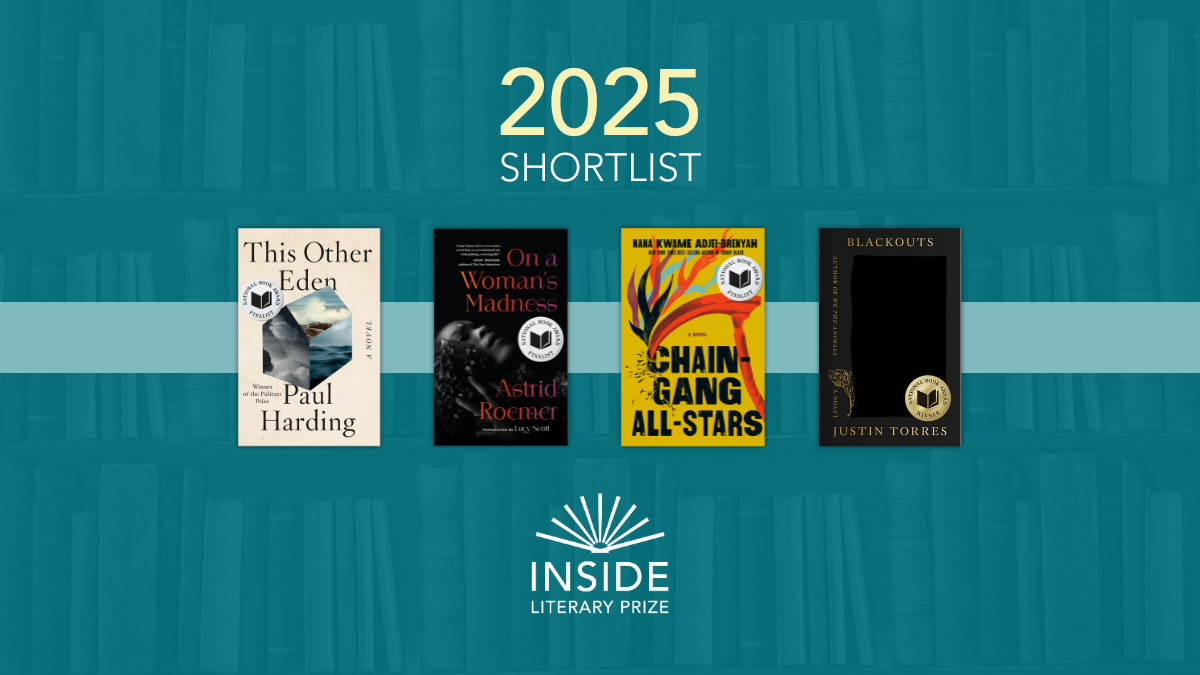 "2025 Shortlist" with four book covers against a blue background with faded image of bookshelf, above Inside Literary Prize logo featuring an open book.