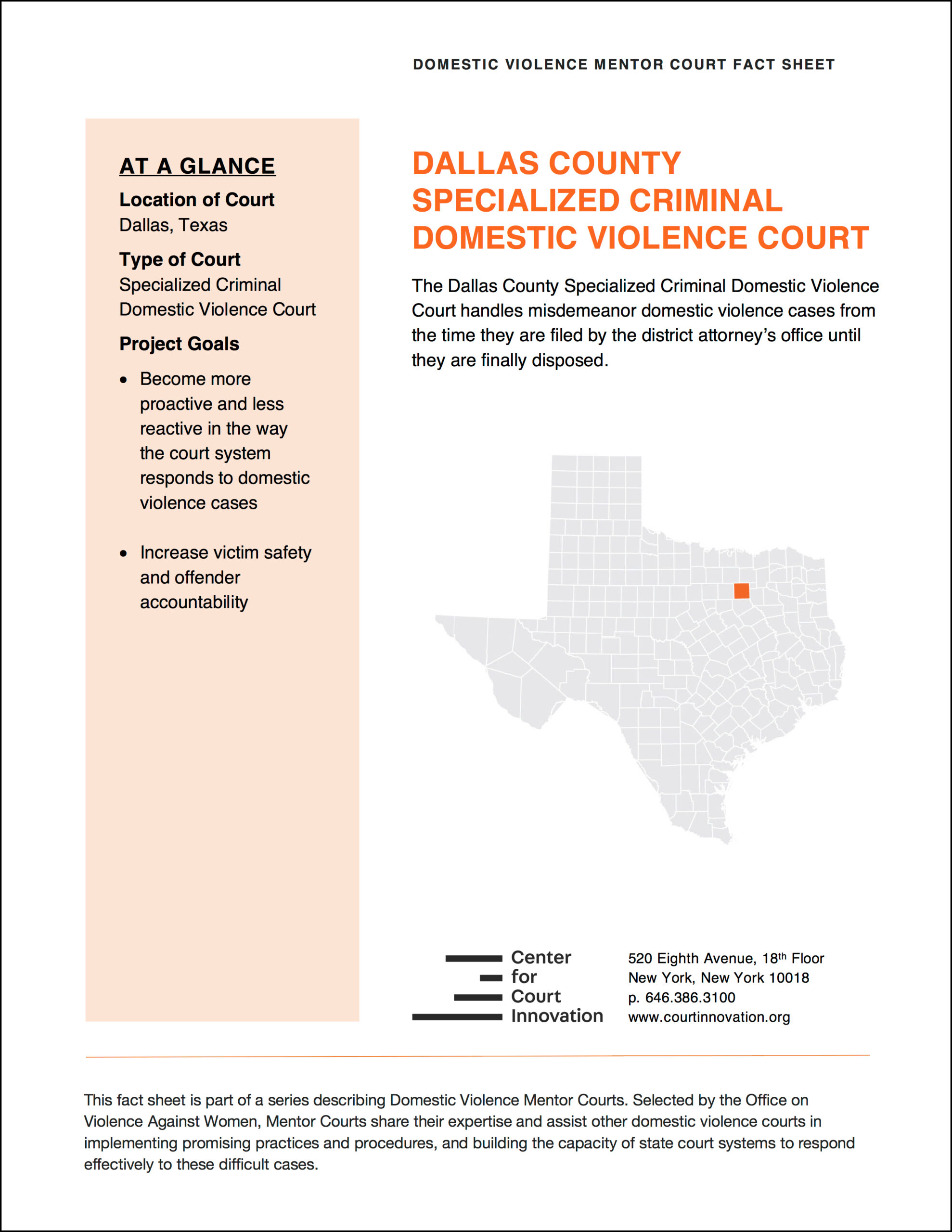 Domestic Violence Mentor Court Fact Sheet: Dallas County, Texas Cover