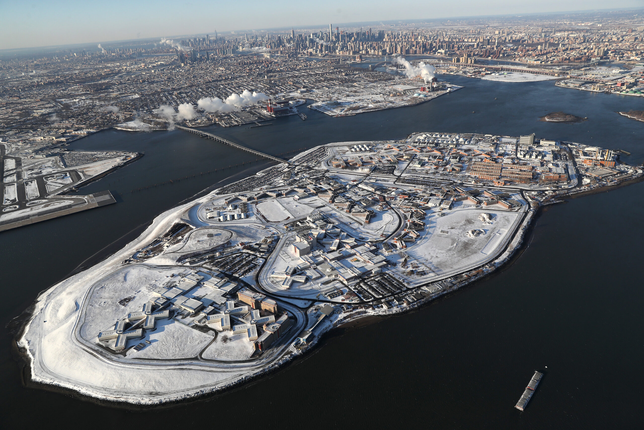 Rikers Lippman aerial snowy Rikers COVID