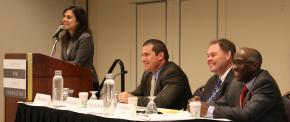 A panel on Restorative Justice at Community Justice 2016 features, from left, moderator Erika Sasson of the Center for Court Innovation, Jose Egurbide of the Los Angeles City Attorney's Office, Captain Joe Balles (retired) of the Madison (Wisconsin) Police Department, and Judge Herman Sloan of the Atlanta (Georgia) Community Court.