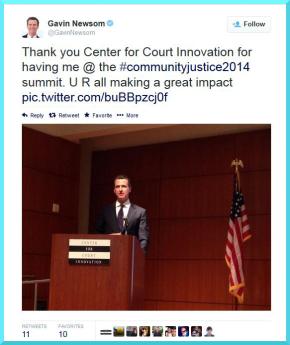 After delivering keynote remarks, California Lieutenant Governor Gavin Newsom helps publicize Community Justice 2014 with a tweet.