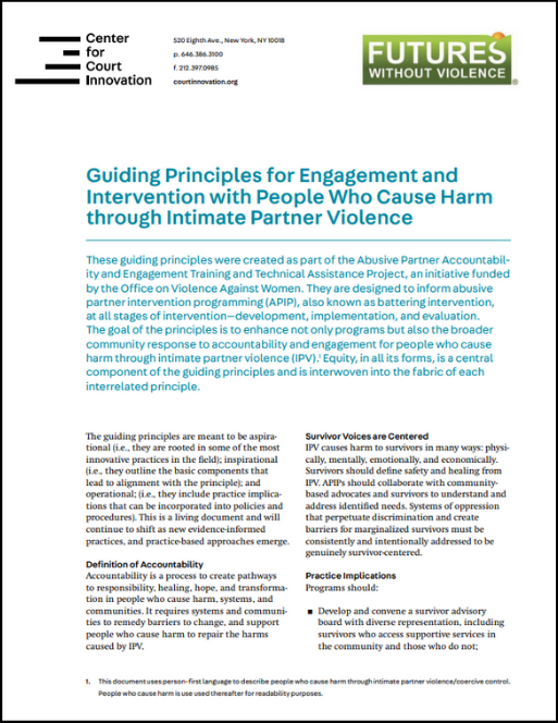 Fact Sheet Guiding Principles for Engagement and Intervention with People Who Cause Harm through Intimate Partner Violence Cover Photo