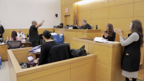 staff cheering for participant in courtroom, screenshot from name change announcement video