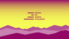 Sunset over mountains design with Center for Justice Innovation logo.