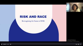 Title "Risk and Race" and webcam capture of presenter Arielle Fontanet over a light blue, dark blue, white, and pink oval background
