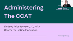 Title "Administering The CCAT" and webcam of presenter Lindsey Price Jackson over green and pink background