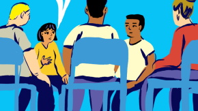 Illustration of human trafficking support group from Child Witness Materials project.