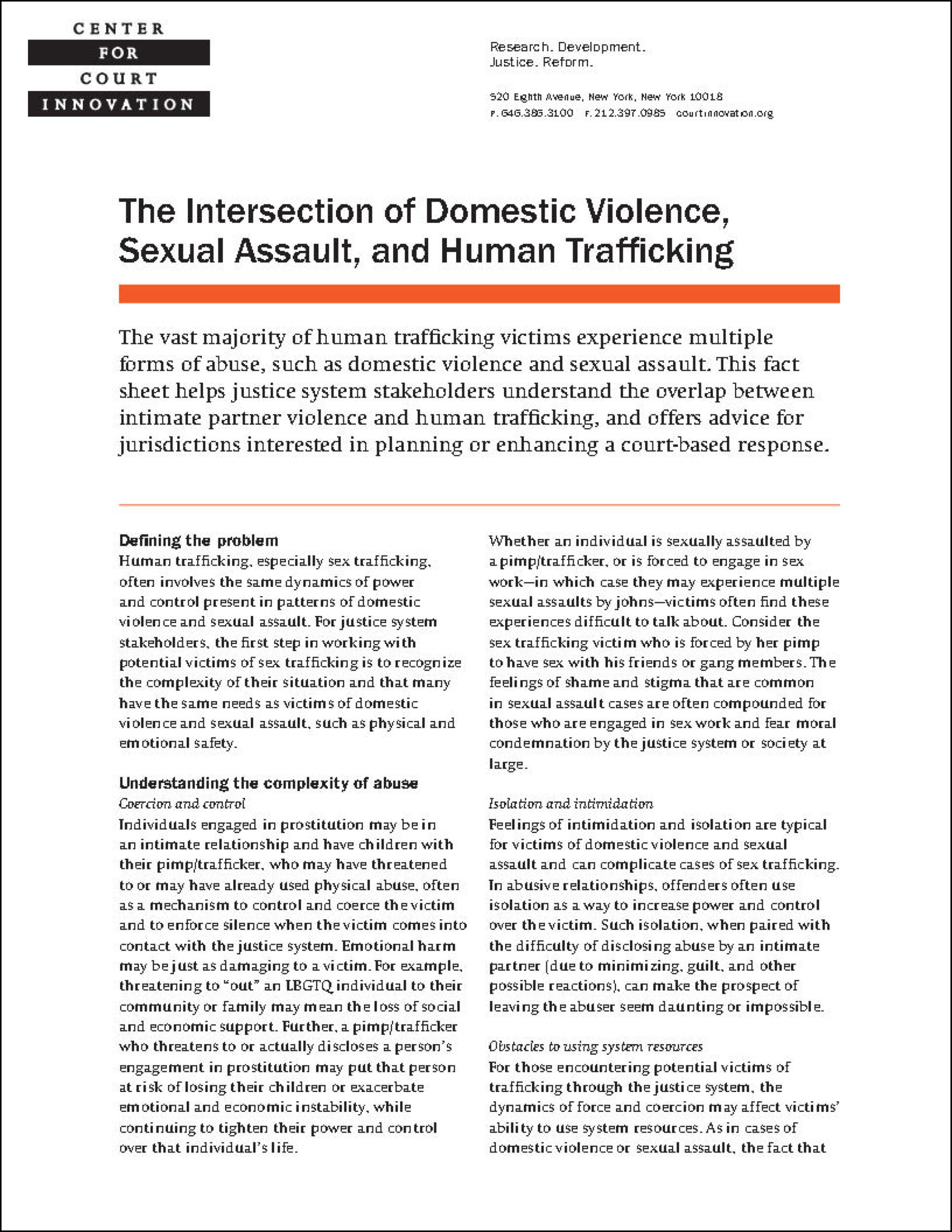 Fact Sheet: The Intersection of Domestic Violence, Sexual Assault, and ...