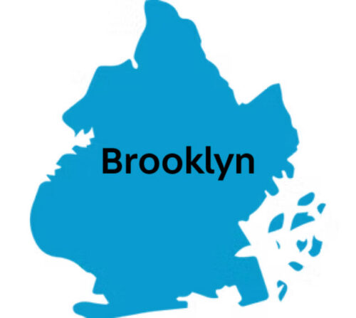 Blue outline of Brooklyn with borough name written on top