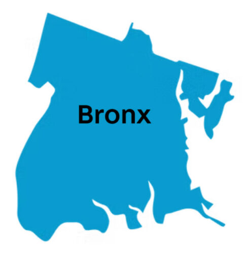 Blue outline of the Bronx with borough name written on top