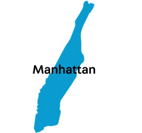 Blue outline of Manhattan with borough name written on top