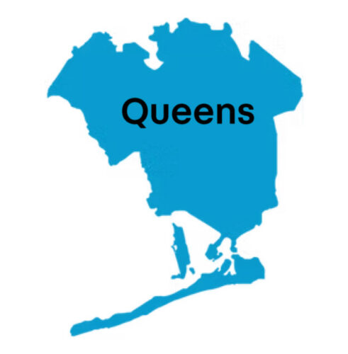 Blue outline of Queens with borough name written on top