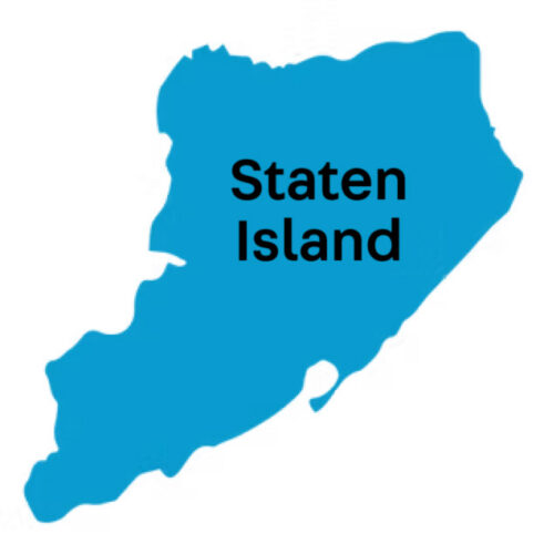 Blue outline of Staten Island with borough name written on top
