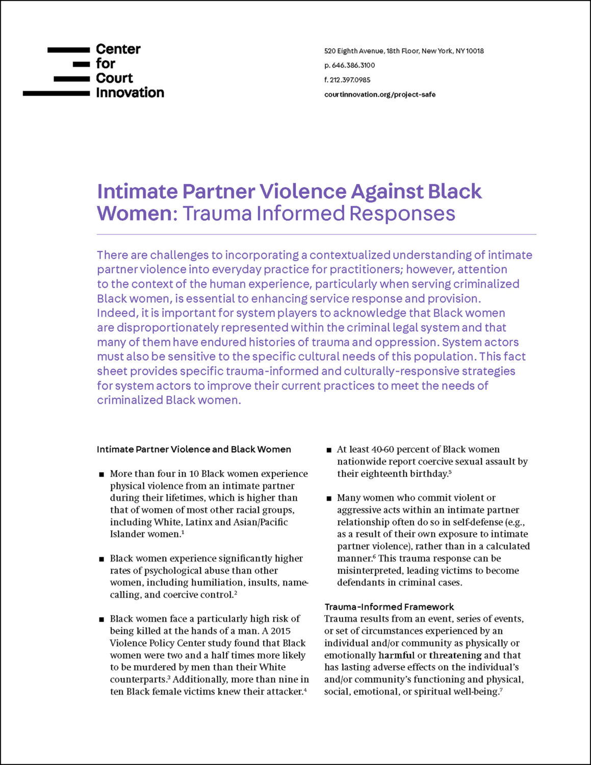 Fact Sheet: Intimate Partner Violence Against Black Women: Trauma ...