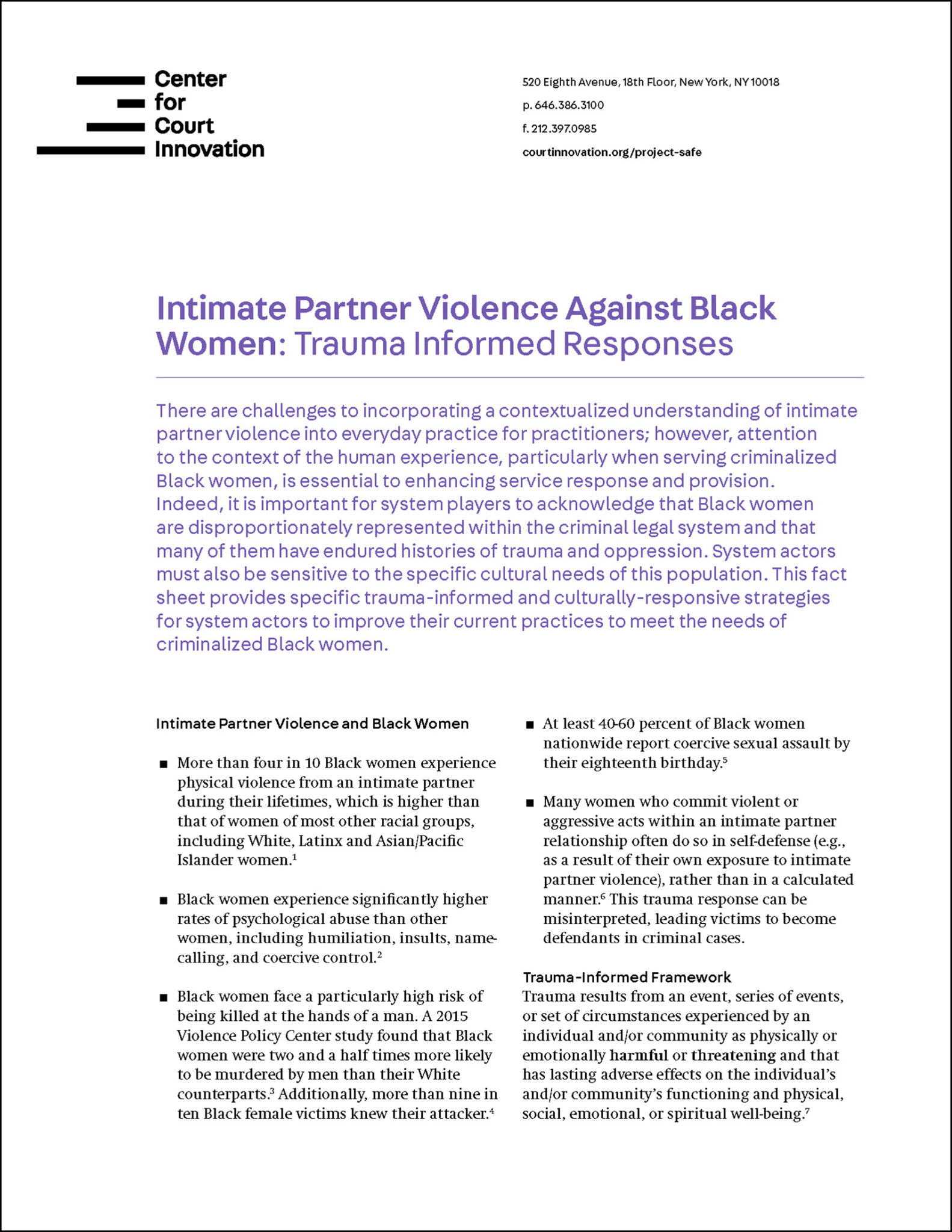Fact Sheet: Intimate Partner Violence Against Black Women: Trauma ...