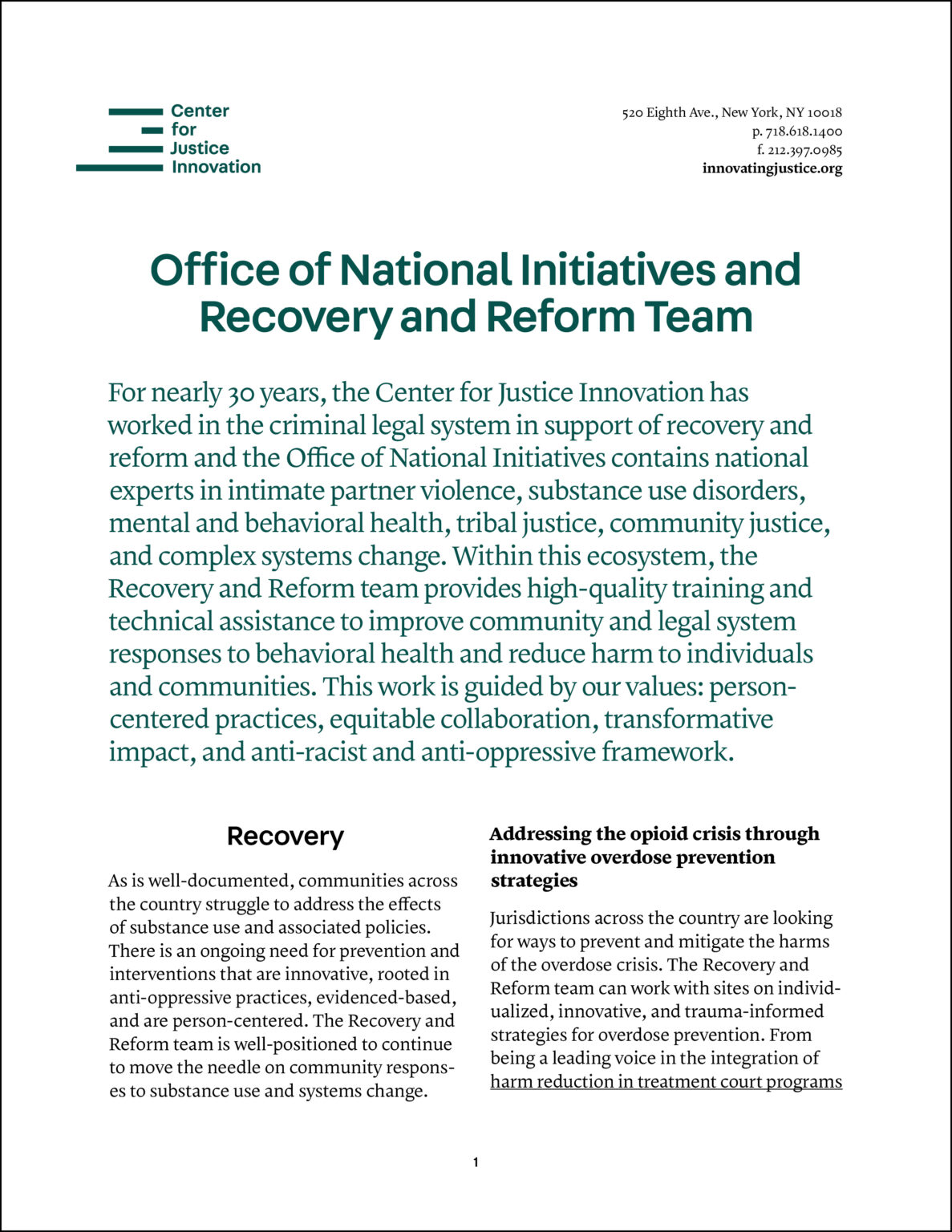 Fact Sheet: Office of National Initiatives: Recovery and Reform Team ...