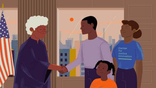 Animation of a judge shaking hands with a father, accompanied by a child and a Center staff memeber.