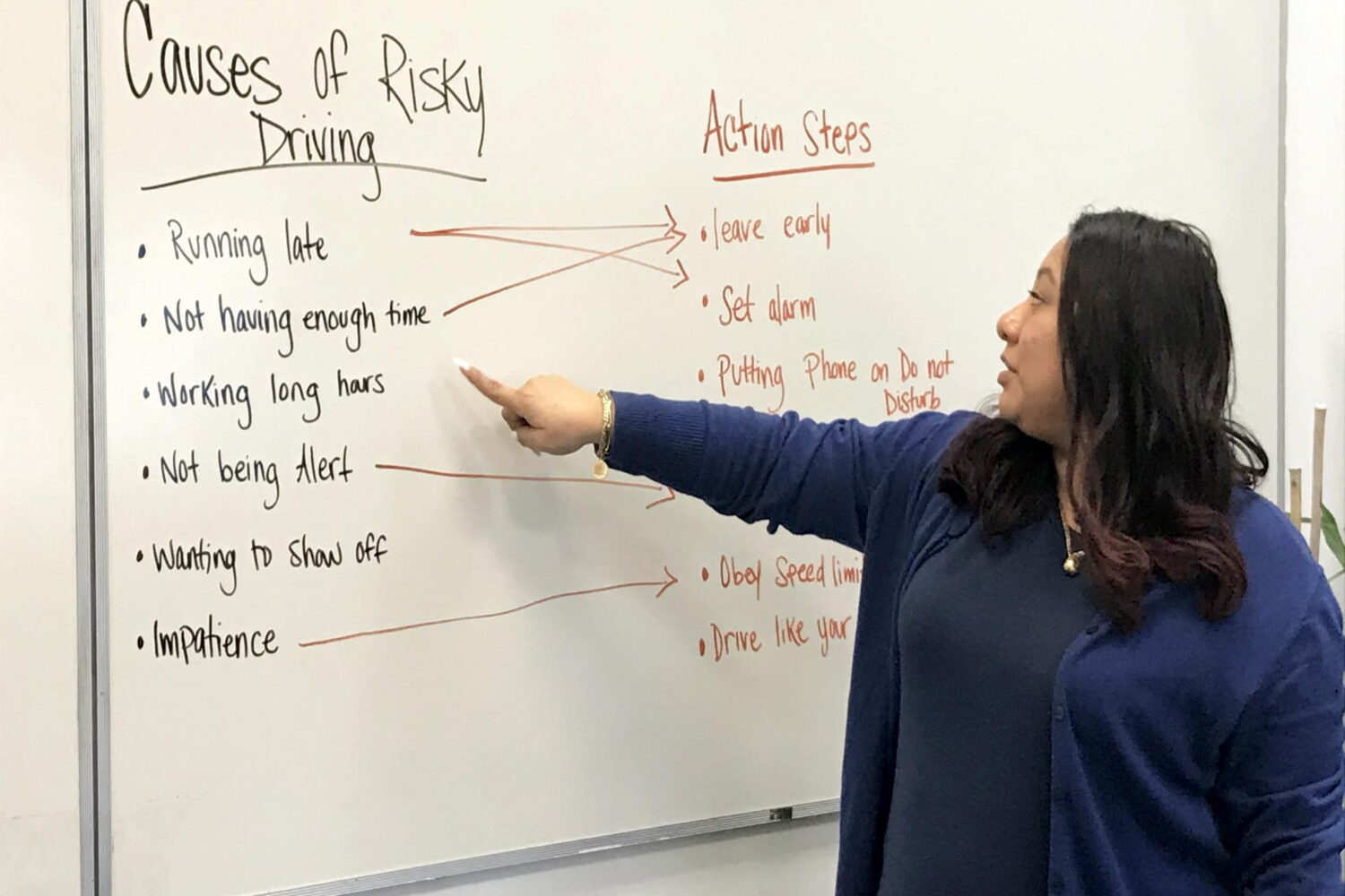 female staff member points to a markerboard displaying aspects of risky driving