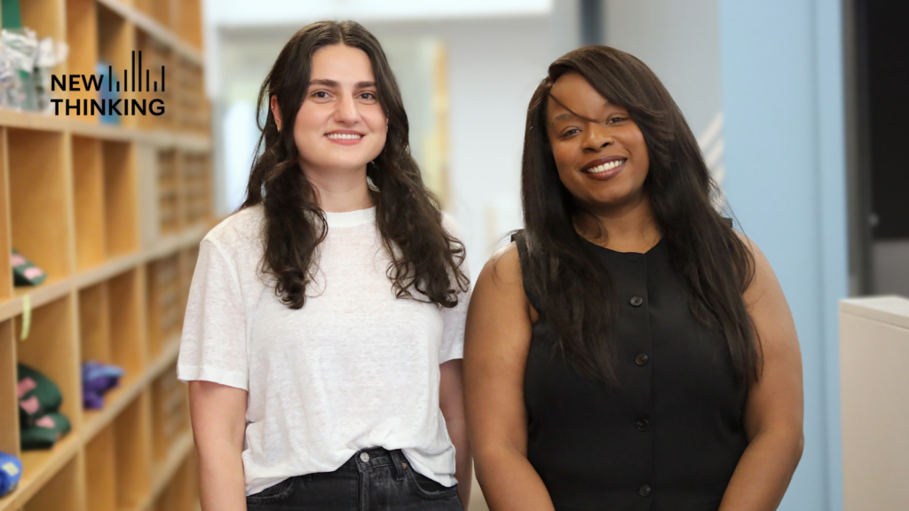 Clinical coordinator Mary-Ann Louis and mental health counselor Marie Tsalughelashvili smiling together in front of blurred bookshelf in background.