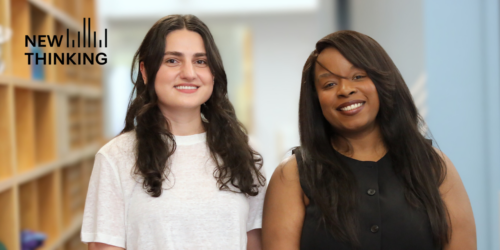 Clinical coordinator Mary-Ann Louis and mental health counselor Marie Tsalughelashvili smiling together in front of blurred bookshelf in background.