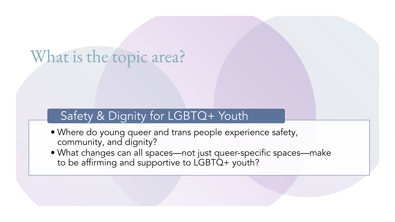 Background: White with light purple overlapping circles. At the top of the slide in medium blue text, 