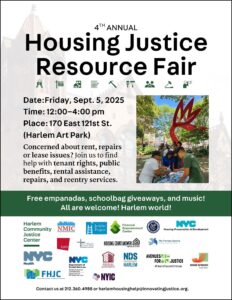 Flyer with location info, event details, partner logos, and photo of Harlem Art Park