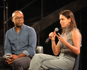 Hillary Packer and Devin Haqq sit for a post-show discussion on stage