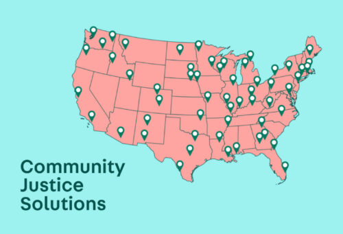 Illustrated map of the United States with location markers scattered throughout; on the bottom left, the words 